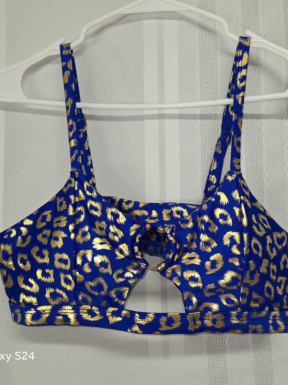 ELSOYO SWIM TOP Royal Blue & Gold Leopard Ring-Front Bralette SIZE LARGE